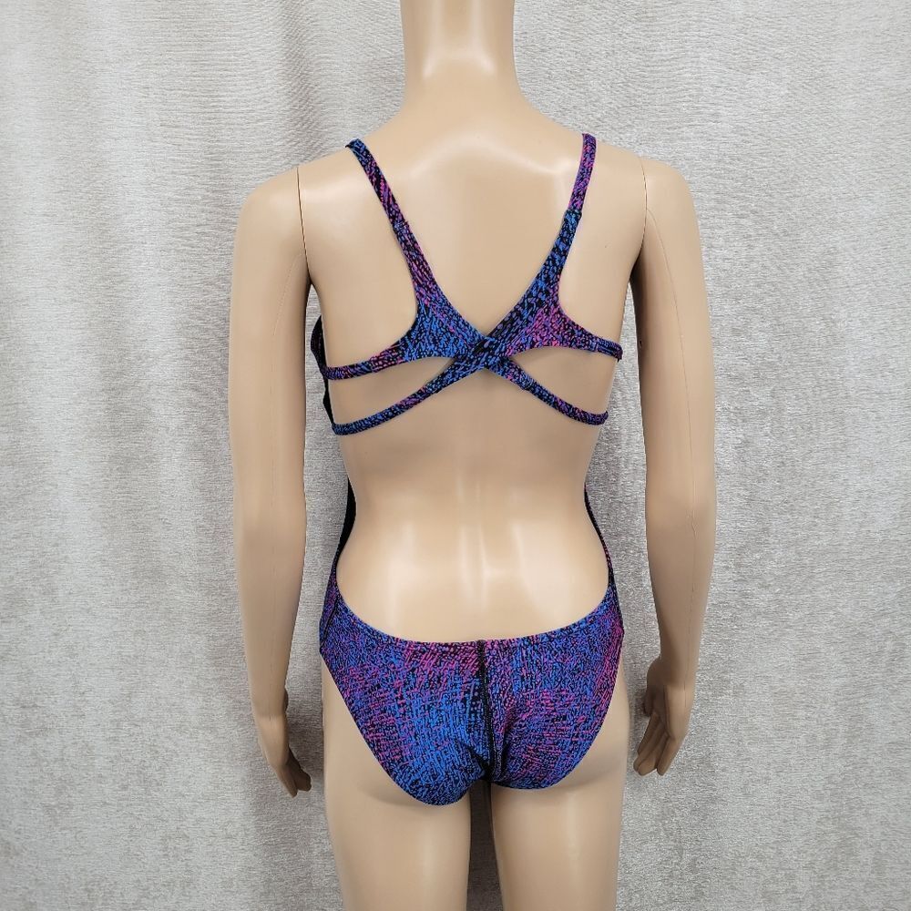 Speedo Endurance Blue Purple Hot Pink Patterned One Piece Swimsuit Open Back - Picture 5 of 16